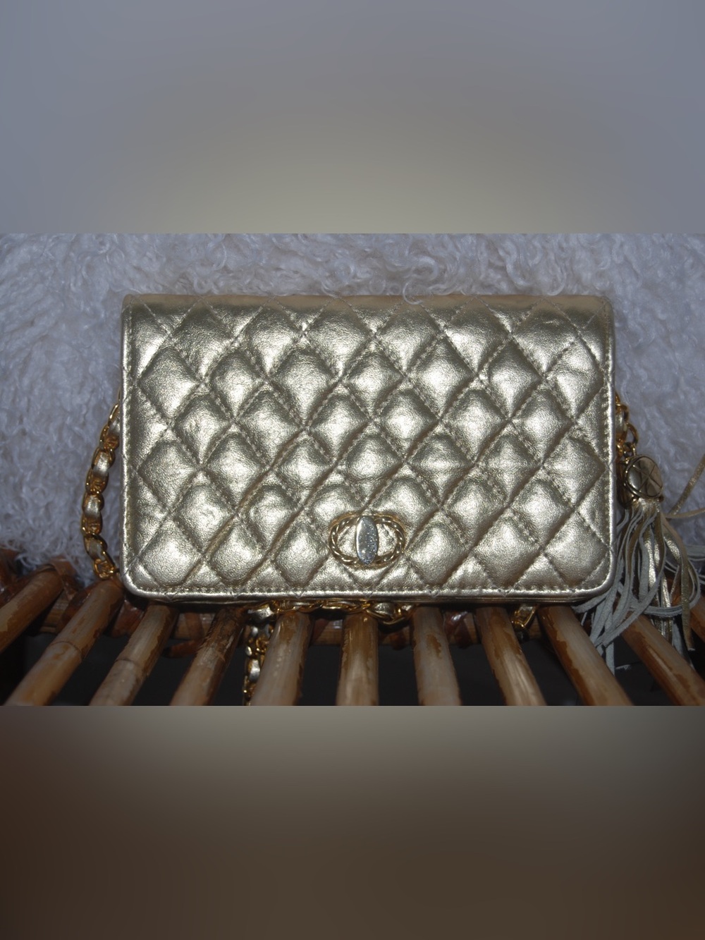 Dior-Like Women's Quilted Metallic Gold Chain Shoulder Bag